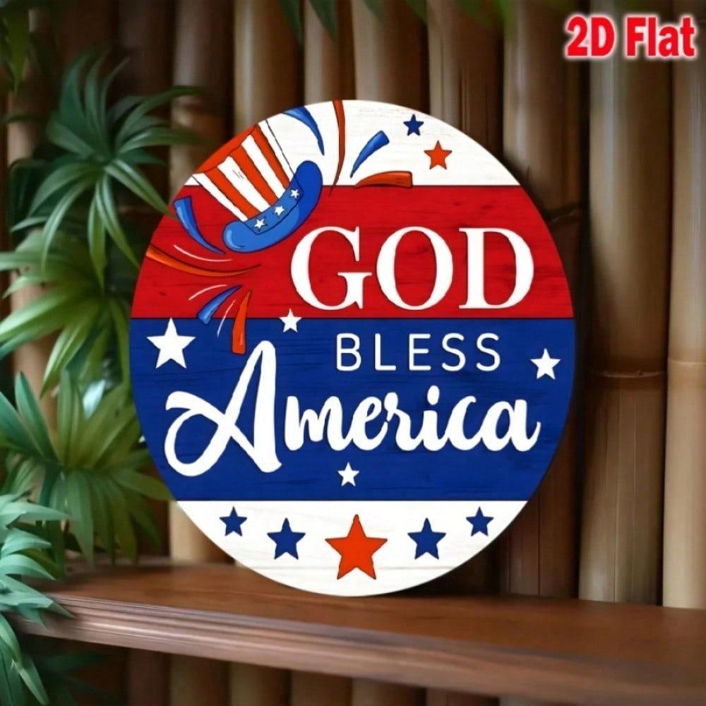 God Bless America Patriotic Metal Sign Vintage USA Flag Round Iron Wall Decor 8x8 Inch Stars Stripes Garden Yard Ornament