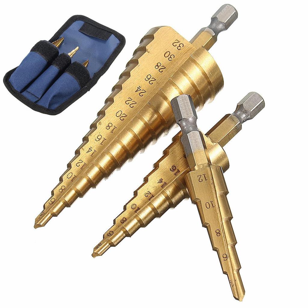 3PCS HSS Spiral Shank Steps Cone Drill Bit Cutter Titanium 4-12mm 4-20mm 4-32mm