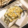 Popular men's watch with quartz movement, calendar, and waterproof design. Stylish stainless steel watch in gold.