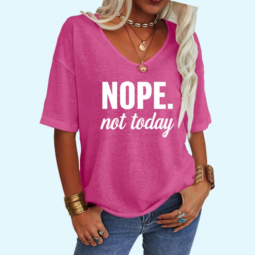 Women Fashion V CollarTee Shirt Summer Casual Letter Print Top Loose Short Sleeve T-shirt