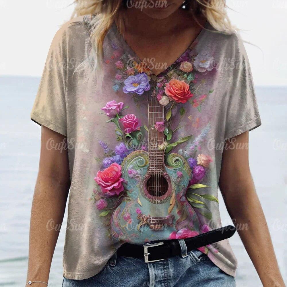 Aesthetic V Neck Women T-Shirts Guitar Graphic Fashion Short Sleeve Harajuku Y2k Floral Tops Oversized Casual Tee Female Clothes