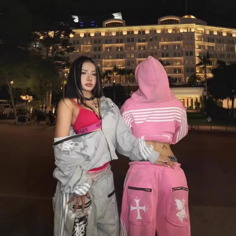 Womens Streetwear Hooded Crop Top Wide Leg Pants Set With 3D Print