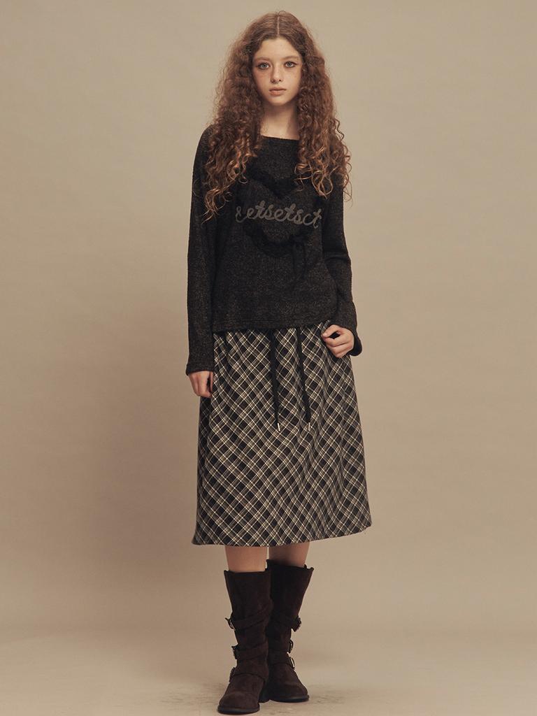 Cecese String Check Midi Skirt Black