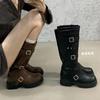 High Boots Women's 2025 Autumn and Winter New Models But Knee Thick Heel Retro Knight Boots French Belt Buckle Platform Boots