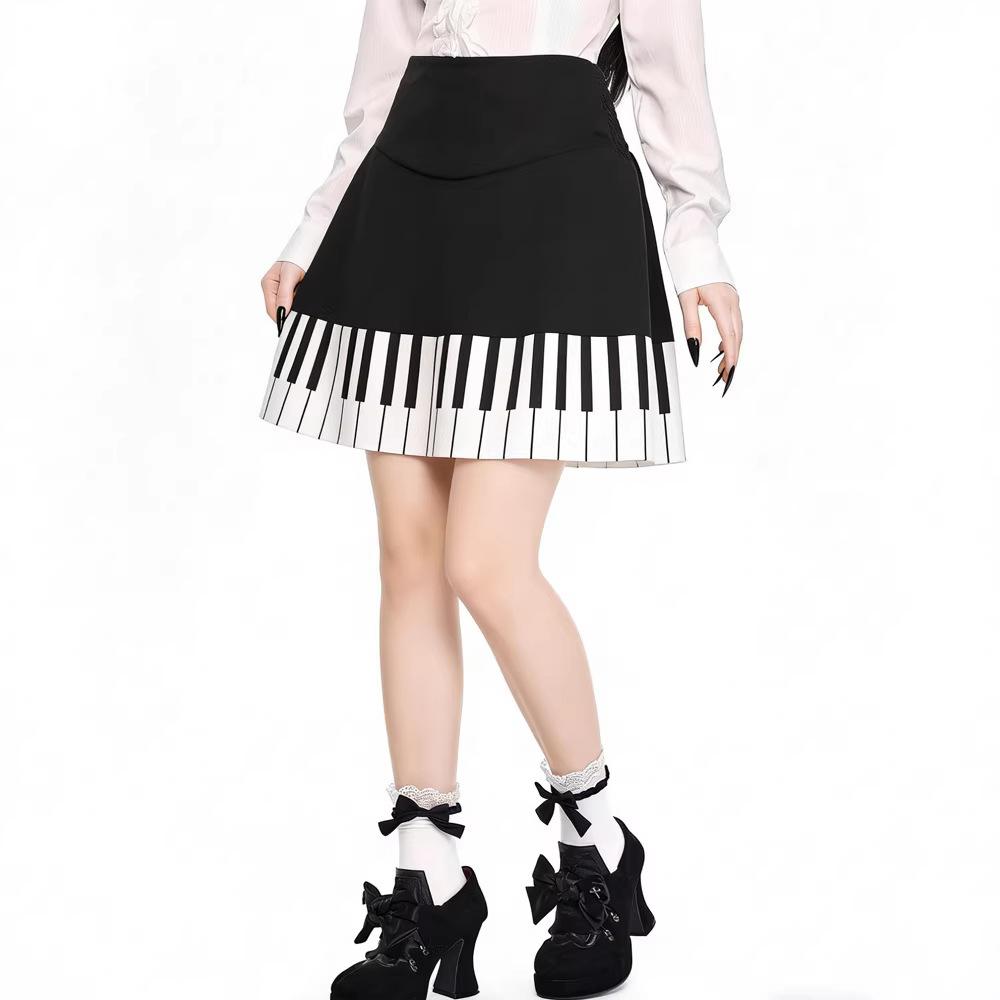 Summer fashion high waist design slim skirt new retro black and white piano casual pleated skirt