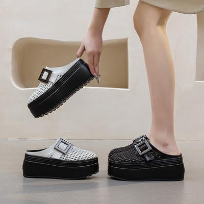 Baotou Woven Model Without Heel Half Support, New Women's Buckle Solid Color Thick-soled Slippers In Summer 2025, Simple and Trendy