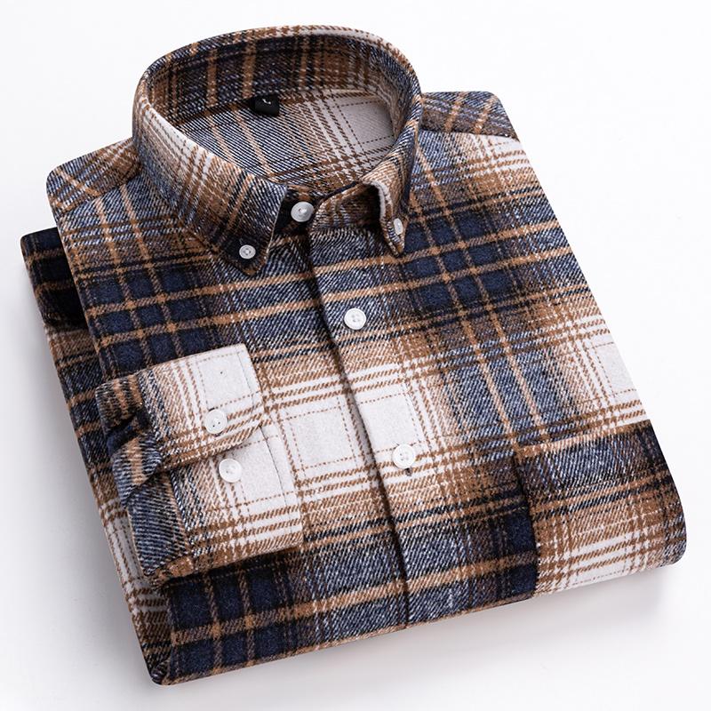 New In Shirt Hight Qulity 100%cotton Sanding Long-sleeve Shirts for Men Slim Fit Casual Shirt Soft Plaid Designer Office Clothes