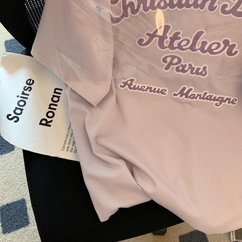 Women's Oversized Purple Embroidered Letter T-Shirt - Pure Cotton, Short-Sleeved, Summer Fashion.