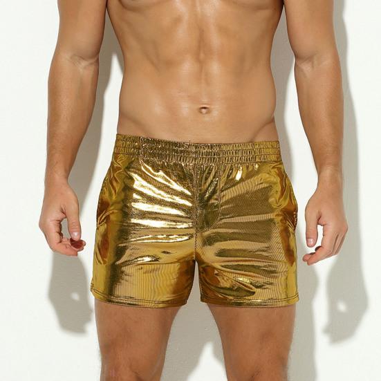 Men Shorts Glossy Faux Leather Elastic Mid Waist Soft Breathable Pockets Stretchy Stage Show Performances Sports Summer Shorts