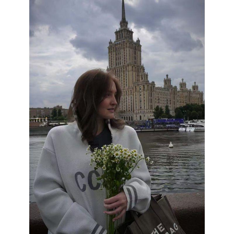 

Western Style New Loose Casual Knitted Letters Sweater Top Knit Loose Knit Sweater White L