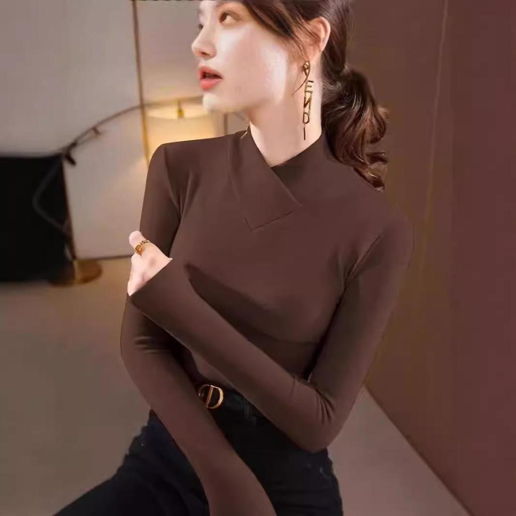 Double-sided Threaded Semi-high Neck Slim-fit Warm Base Layer Top for Women - Autumn/Winter Long-sleeve T-shirt