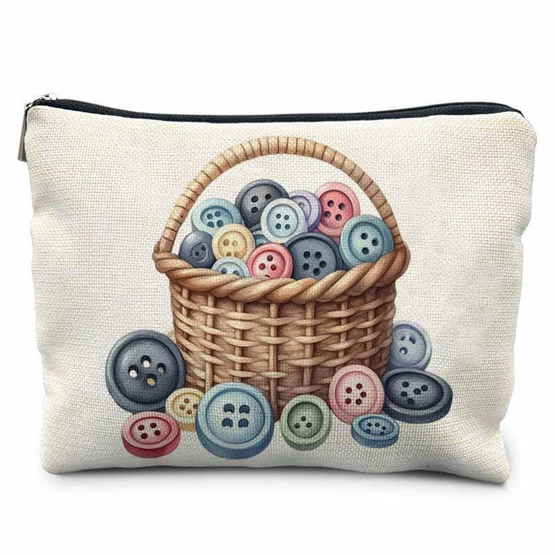 Creative Sewing Theme Print Makeup Bag Polyester Zipper Pouch Button Yarn Cat Pattern Organizer for Travel Daily Use 21.5x15cm