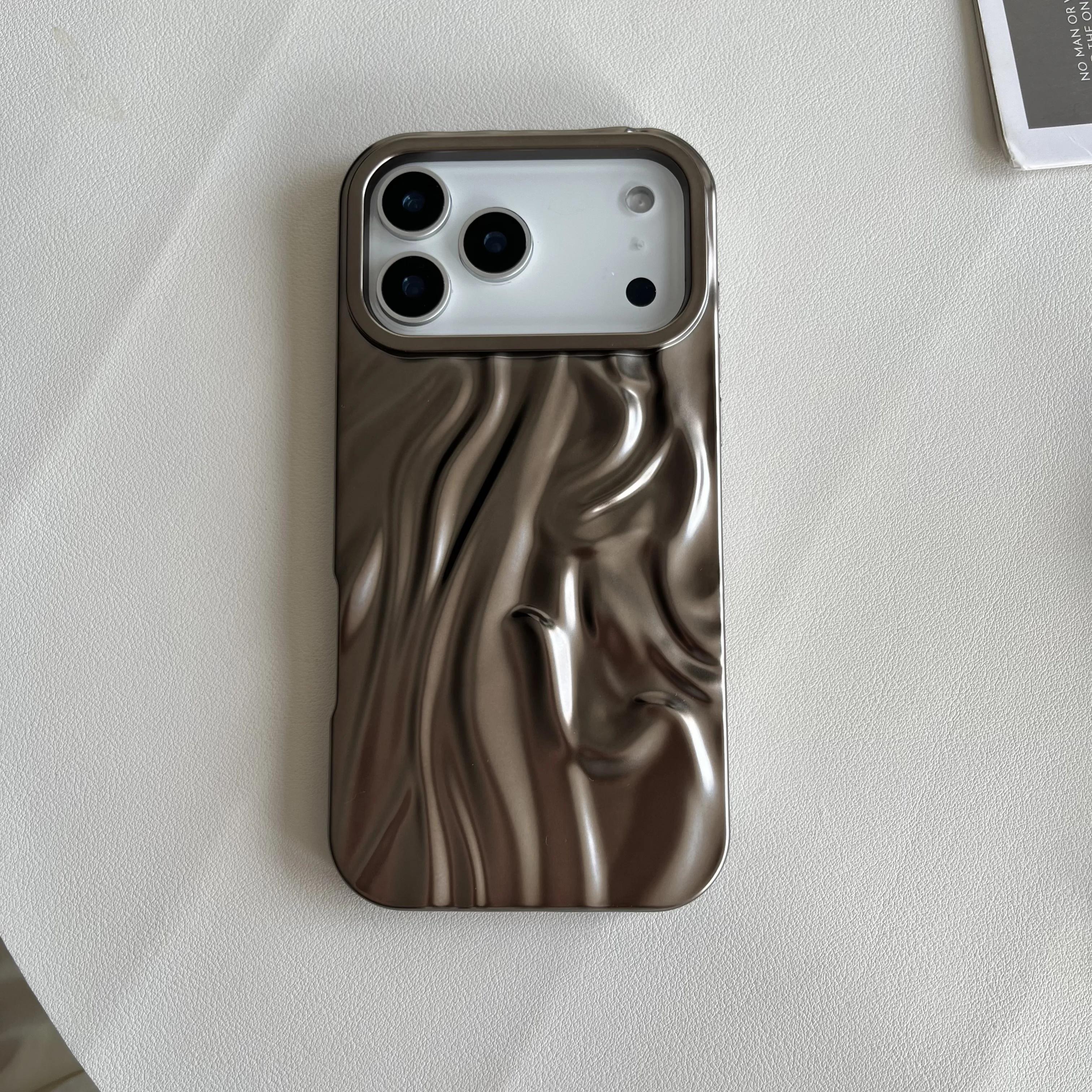 

Luxury Senior Solid Color Crumpled Phone Case For iPhone 17 16 15 14 Plus 13 12 Pro Max Fold Pattern Plating Smooth Matte Cover iPhone 15 Pro Max коричневий