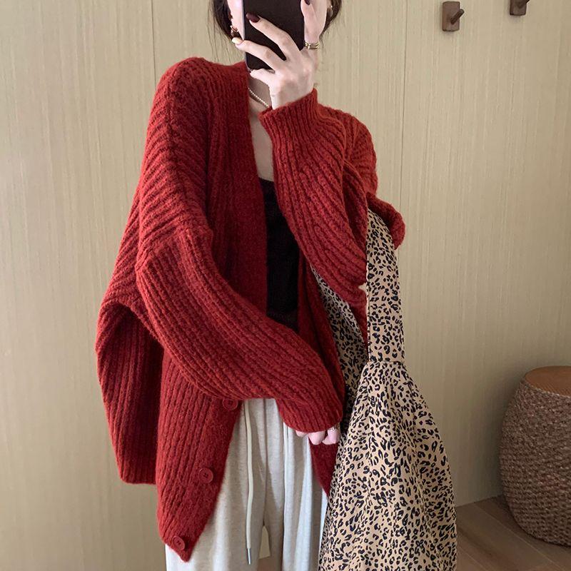 Thick Yarn Knitted Cardigan Office Loose Lazy Style Casual Sweater Coat Elegant Purple V-neck Shawl Outerwear
