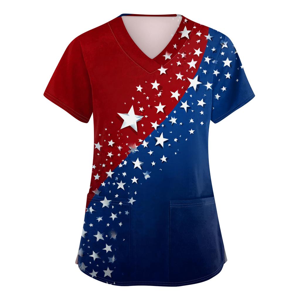 Women's V-neck Independence Day Print Short-sleeved Pocket Side-opening Protective Work Shirt