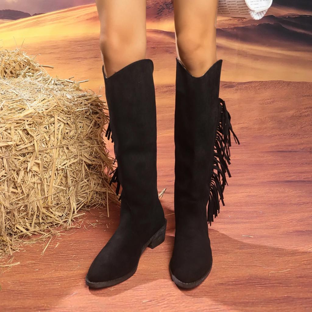Retro Women's Tassel Shoes New 2024 Pointed Thick Bottom Long Boots Autumn Winter Versatile Outdoor Cowboy Knight Boots Women's