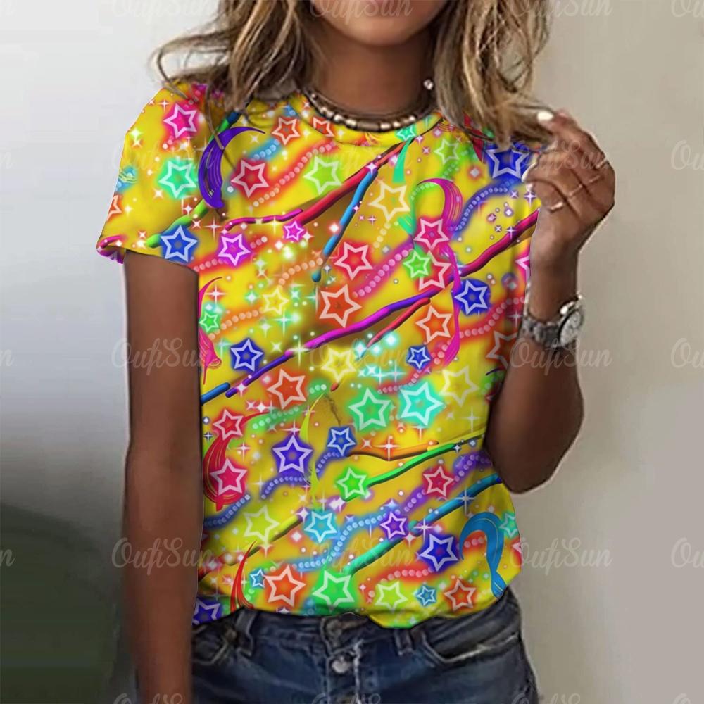 New Glitter Sparkling T-shirt Rainbow Color Printing Fashion T-shirt Short-sleeved Casual Beach Printing Top