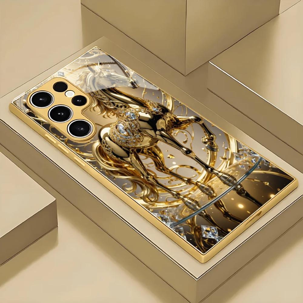 Electroplated Gold Phone Case For Samsung Galaxy S26/S25 Edge/S24/S23/S22 Ultra Featuring Golden Pegasus Design For Good Fortune