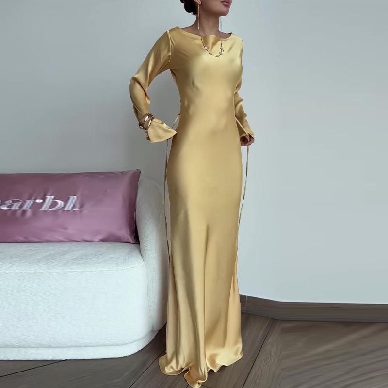 Women's White Tie-Up Long Sleeve Dress - Autumn/Winter, Elegant Chinese Style, Casual with Waist-Cinching Fit