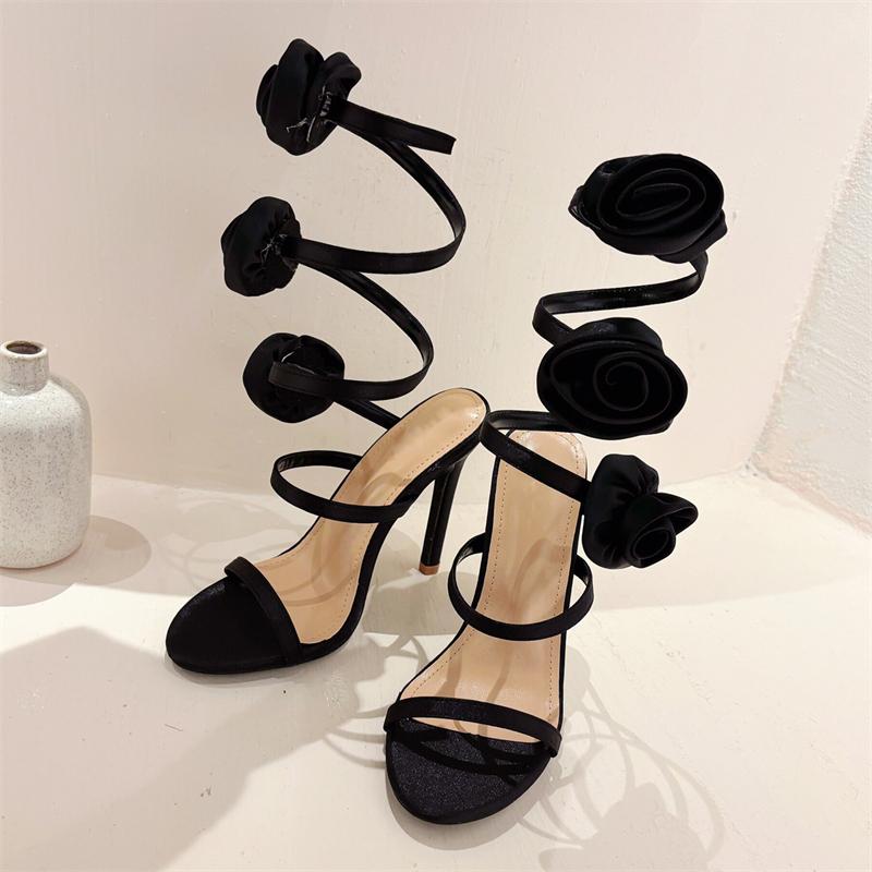 Summer Sexy Silk Flower Ankle Strap Sandals Woman Fashion Open Toe Stiletto High Heels Banquet Party Pumps Shoes