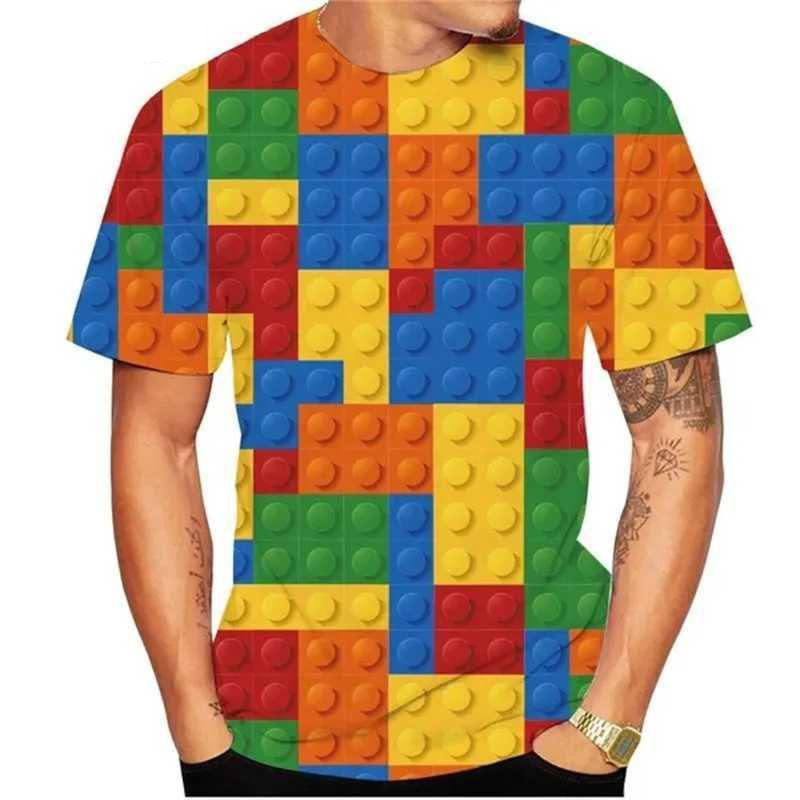 Summer Round Neck 3D Building Blocks Pattern Print T-shirts Fashionable Casual Short Sleeved Men's T-shirts