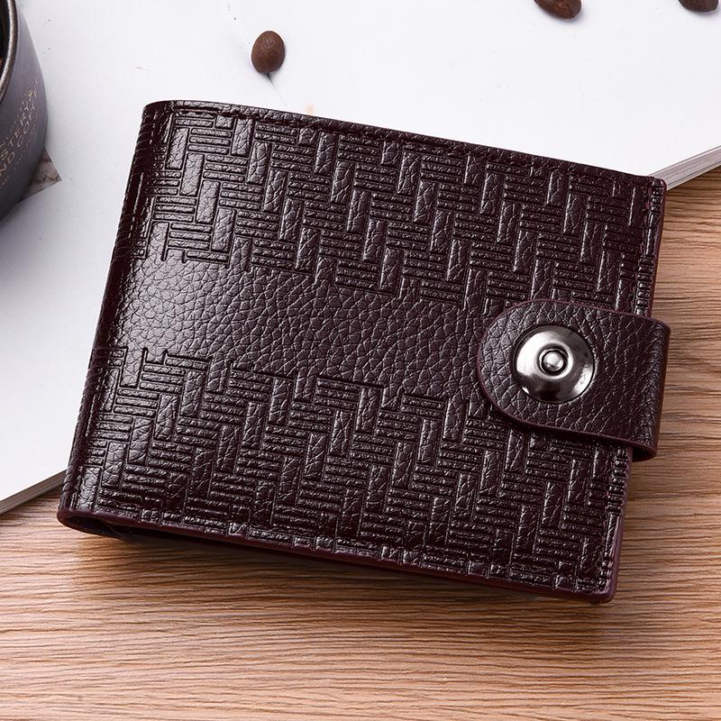 

Men s Striped Embossed Magnetic Buckle Slim Leather Wallet with Large Capacity Coin Pocket темно-коричневого