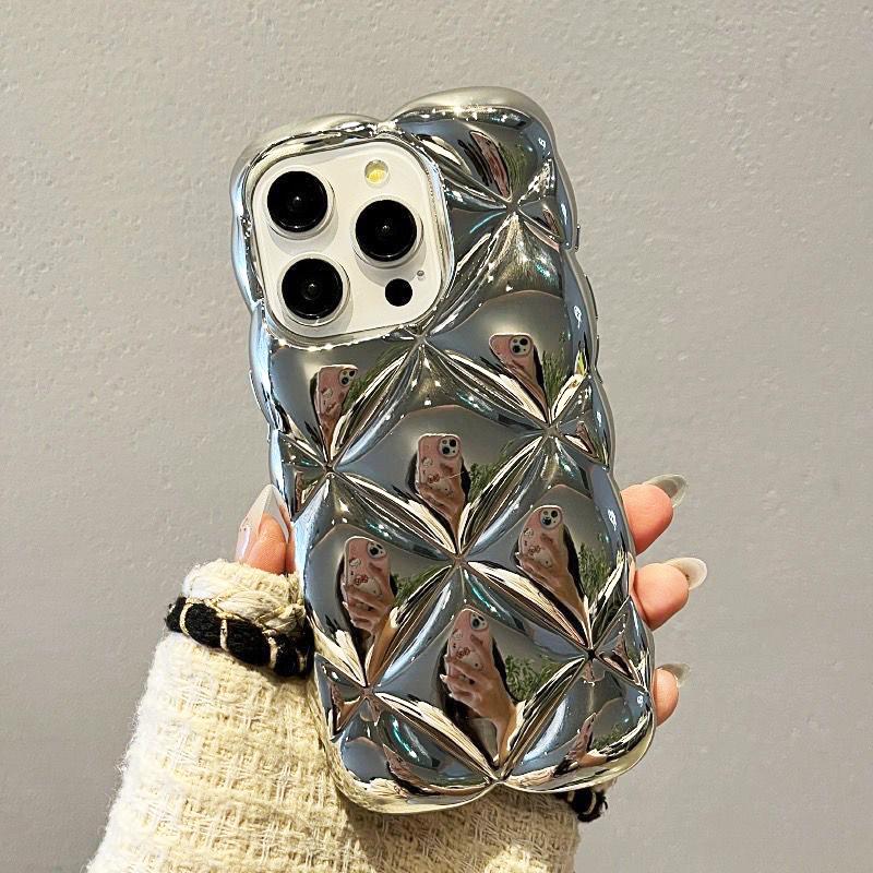 Plating Silver Rhombus Plaid Pattern Phone Case For For Iphone 16 Pro Max 1 13 12 11 14 Plus Soft Glossy TPU Back Cover