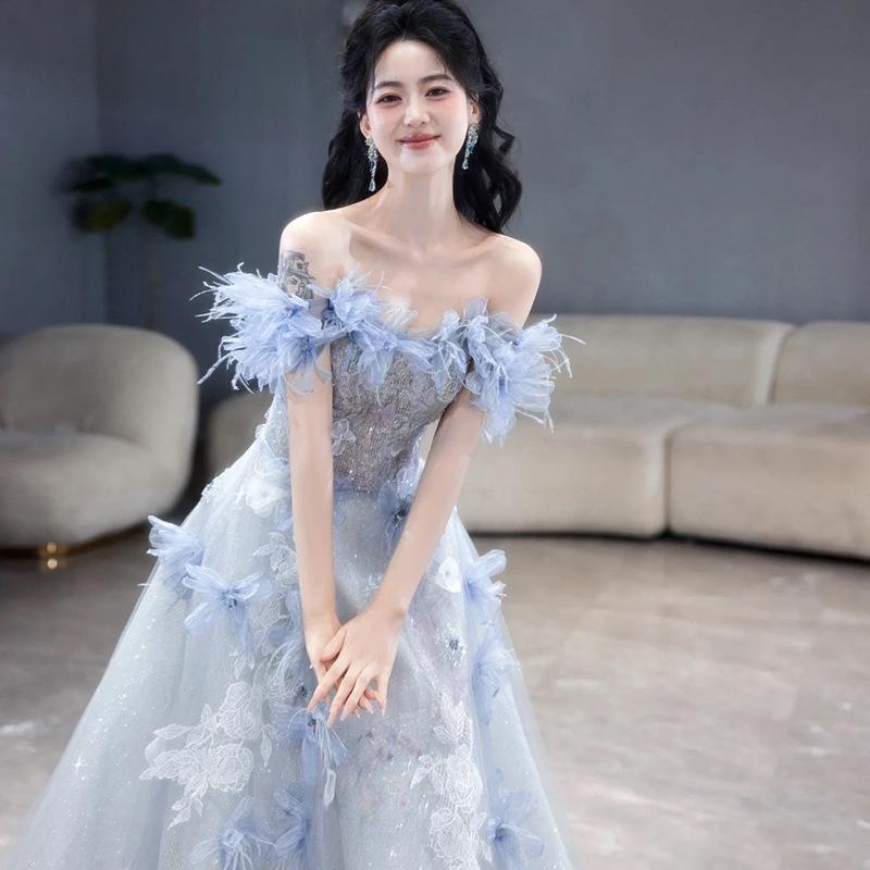 Blue evening dress dress women's 1011 new high-end light luxury niche wedding dress birthday adult toast engagement