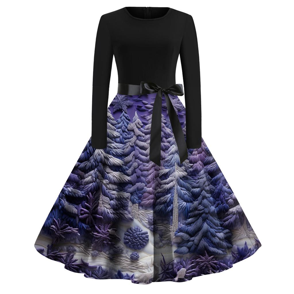 Women's Fashion Round Casual Slim Fit Christmas Print Large Swing Long Sleeve Dress