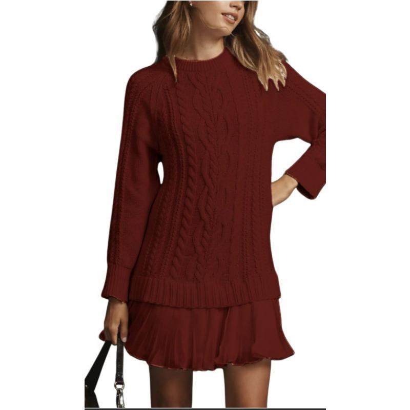 Womens Casual Gray Cable Knit Long Sleeve Pleated Hem Sweater Dress