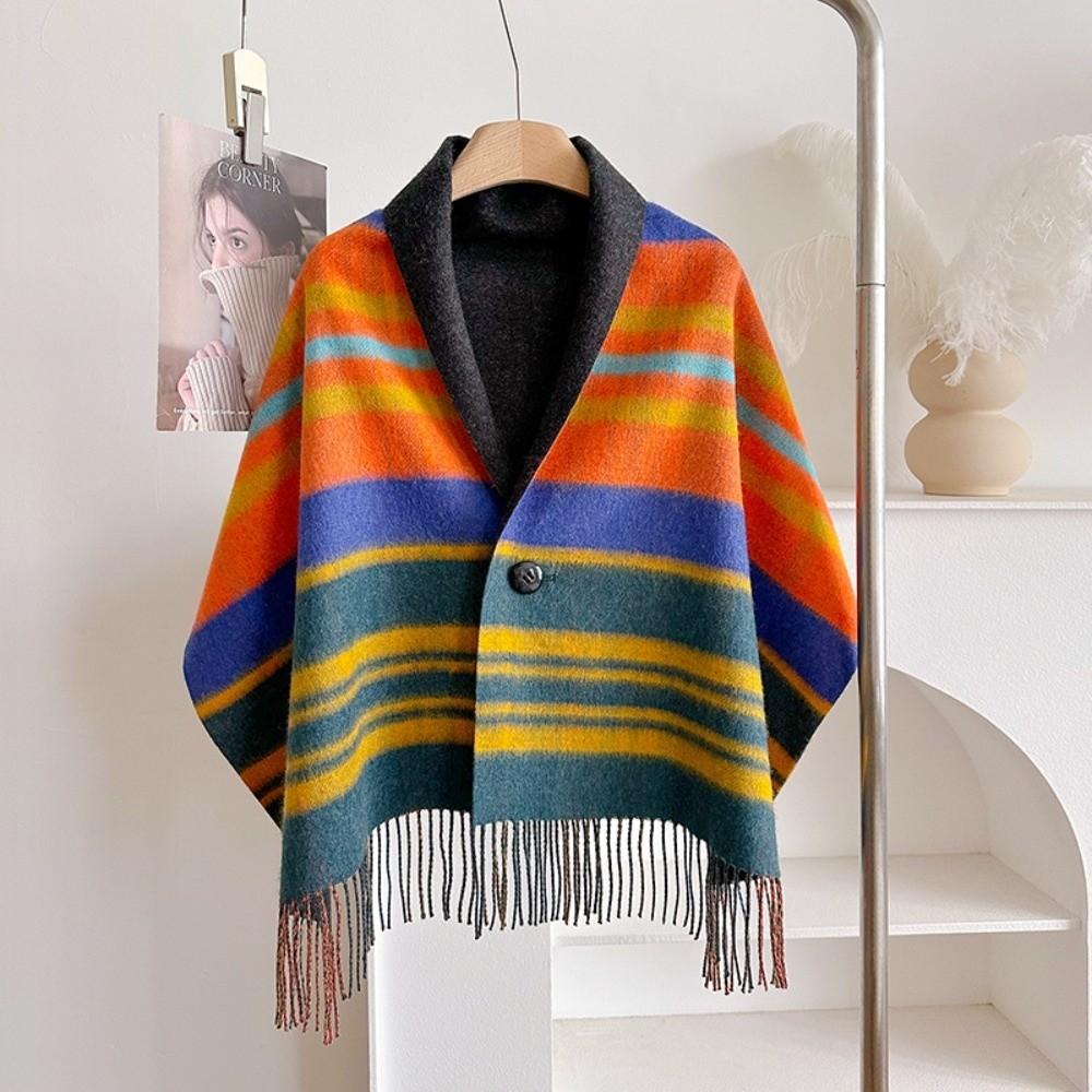 Faux Wool Double‑Sided Plaid Poncho Shawl Thick Knit Checkered Fringe Cape Blanket Shawl Winter