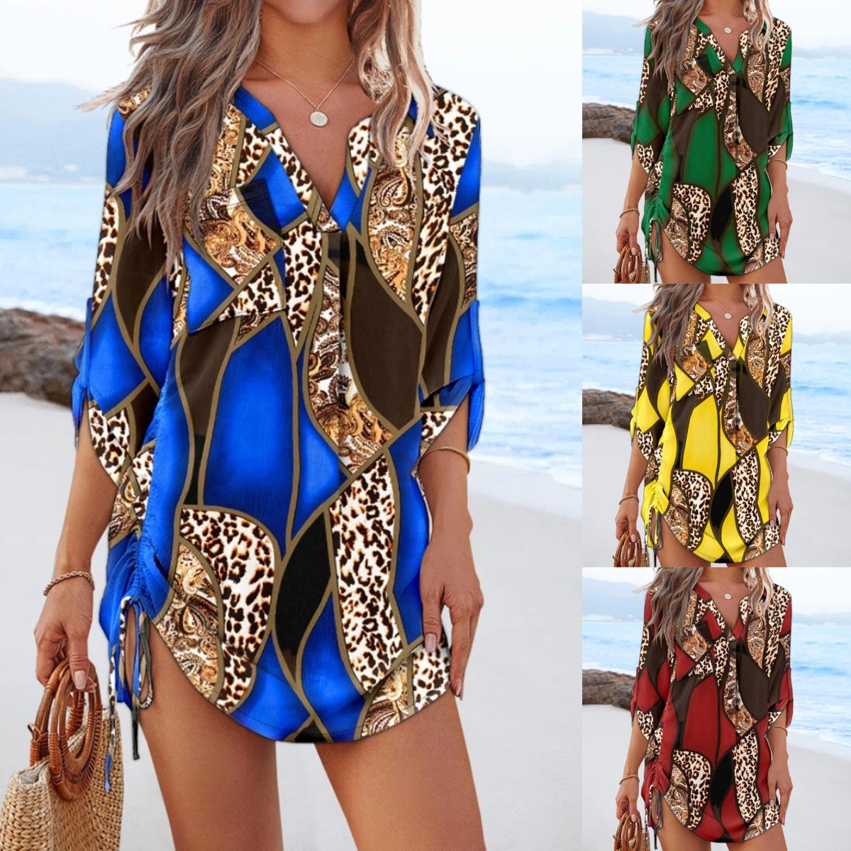 

Spring and Autumn V-Neck Drawstring Print Short Dress for Women Medium зелёный