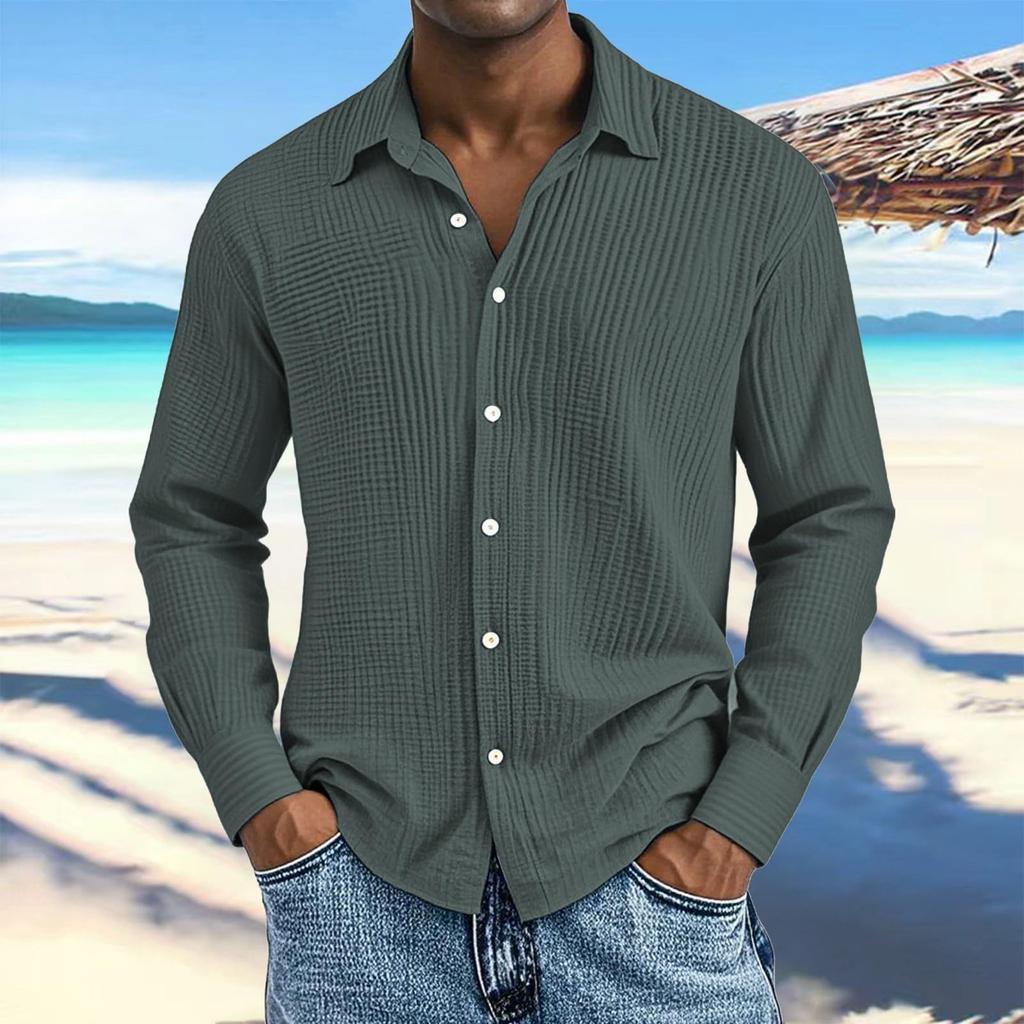 Men's Cotton Shirts Long Sleeve Casual Button Down Textured T-Shirt Loose Vacation Beach Lightweight Topsrt