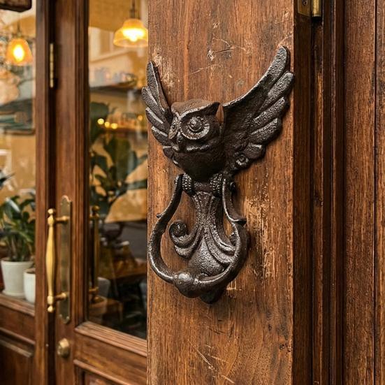 Xiaobudian Vintage Cast Iron Owl Door Knocker, Wrought Hollow Carved Wall Decor, Thickened Rustproof Cabinet Pull Handle, Pre-Drilled Holes for Gate &