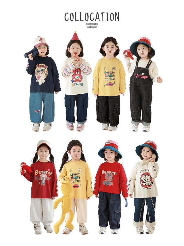 Wulibu Girls' Cartoon Print Faux Two-Piece Ribbed T-Shirt - Cute, Casual Spring 2025 Trend.