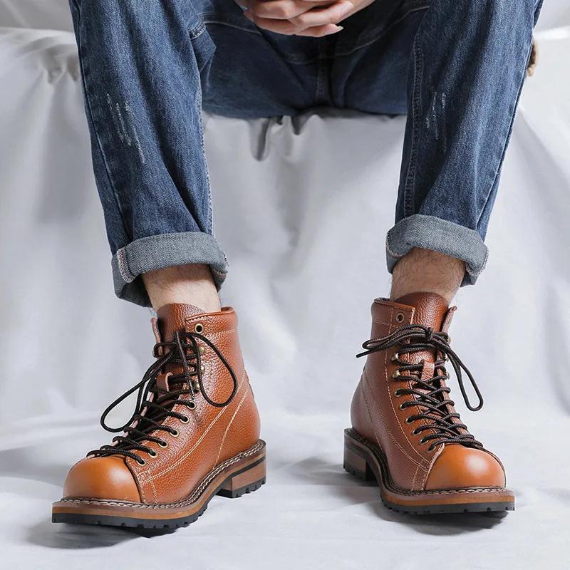 Ekte skinnstøvler for menn Vintage Arbeid Høy topp Herresko Britisk stil Herreskinnstøvler Vår Platforms sko Mann