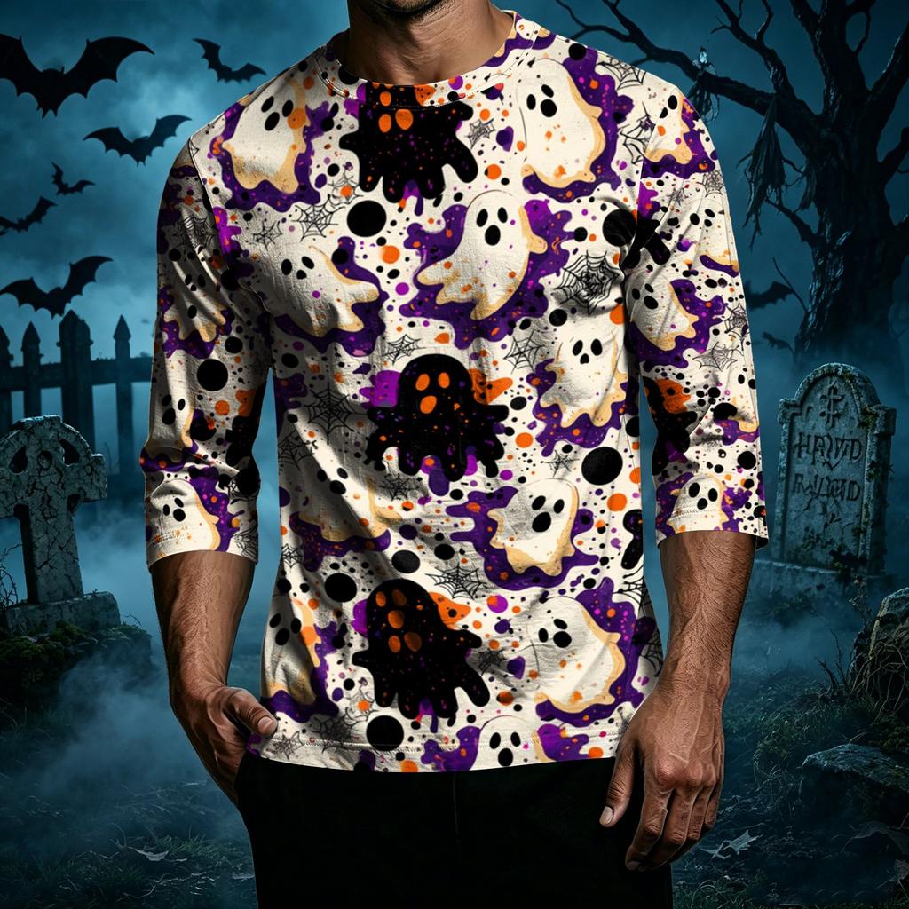 Men's Casual Halloween Printed Crew Neck T Shirt Three Quarter Sleeve Top Suitable for Seasonal Wear and Everyday Use