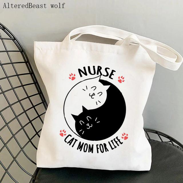 Women Shopper Bag Nurse Cat Lover Printed Kawaii Bag Harajuku Shopping Canvas Shopper Bag Girl Handbag Tote Shoulder Lady Bag