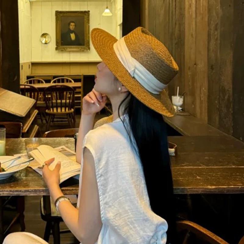 Women's Retro Flat Top Straw Braid Fedora Sun Hat - Summer Seaside Beach Sun Protection