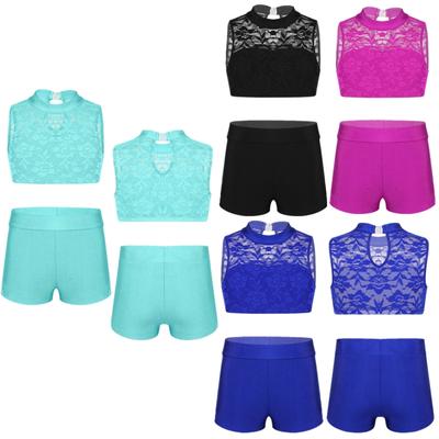 Set de 2 bucăți pentru copii, fete, fără mâneci, din dantelă florală, cu pantaloni, ținută atletică, crop top, balet, antrenament, haine atletice