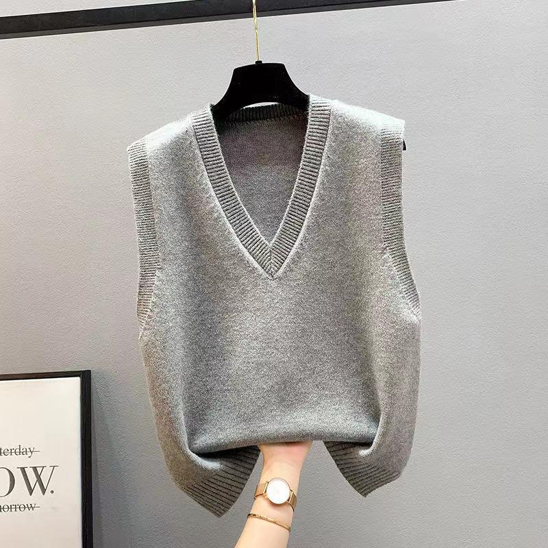 Knitted V-Neck Sleeveless Women's Cardigan Sweater - Korean Style, Loose Fit for Spring/Fall/Winter.