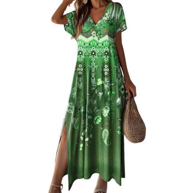 Summer Women Dress Retro Ethnic Style V Neck Short Sleeves Loose A-line Colorful Print Soft Beach Vacation Maxi Dress Ankle Length Side Split