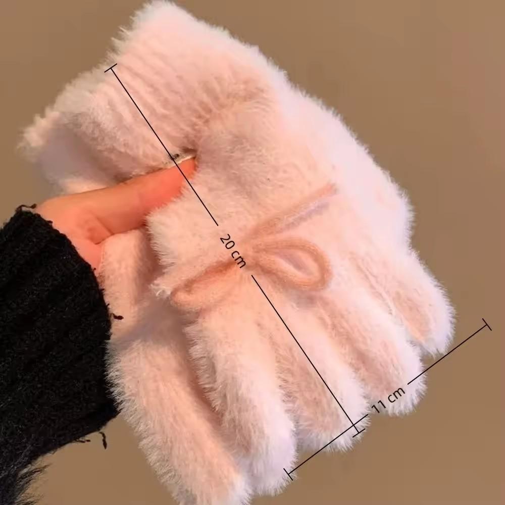 Korean Style Cute Winter Warm Knitted Plush Gloves for Women Bow Thickened Full Finger Gloves Cycling Antifreeze Student Gloves