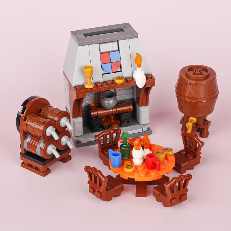 MOC Mittelalterliche Weinpresse Bausteine Set Esstisch Fass Weinkeller Weinstock Ziegel Regale Kamin Spielzeug Kindergeschenk