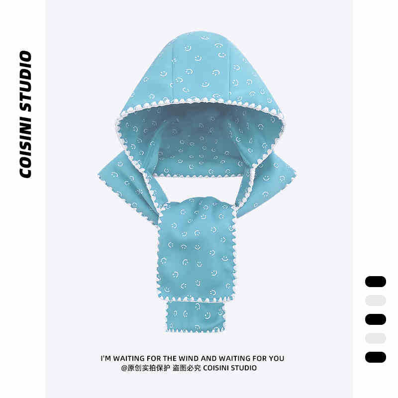 

Luochi Knitting ~ Korean Bow Print Scarf Hat Integrated Female Winter Smiling Face Warm Shawl Scarf