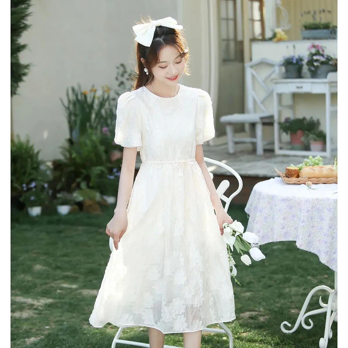 

Summer 2026 French Retro Puff Sleeve Jacquard Belted Dress for Women M (40-48 kg) абрикосовий