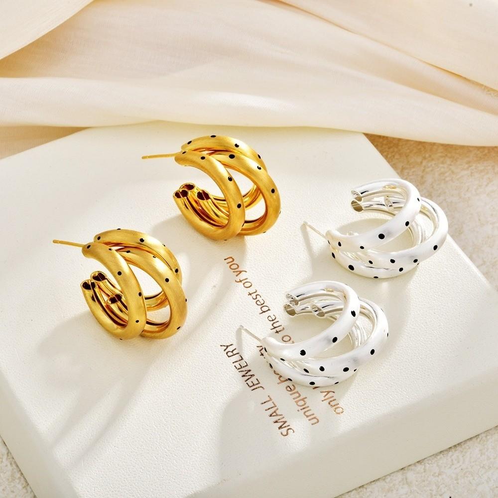 1 Pair Black Polka Dots Hoop Earrings Brushed Finish Circular Ear Rings Daily Outfit