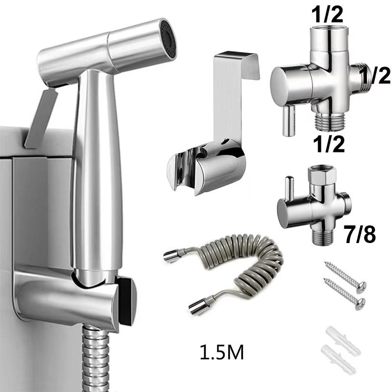 Portable Toilet Bidet Sprayer Gun, Holder Self-Cleaning Washing, Bidet Faucet Spray, 3-Way Valve, Bathroom Showerhead Hose