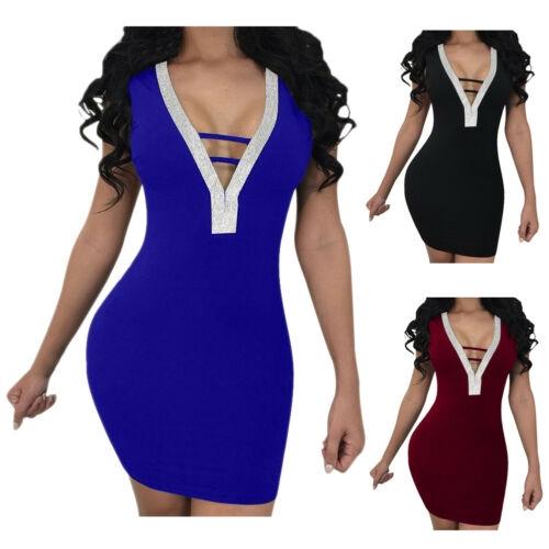 Deep Sexy Women V Rhinestone Backless Mini Dress Bodycon Sleeveless Dress Party