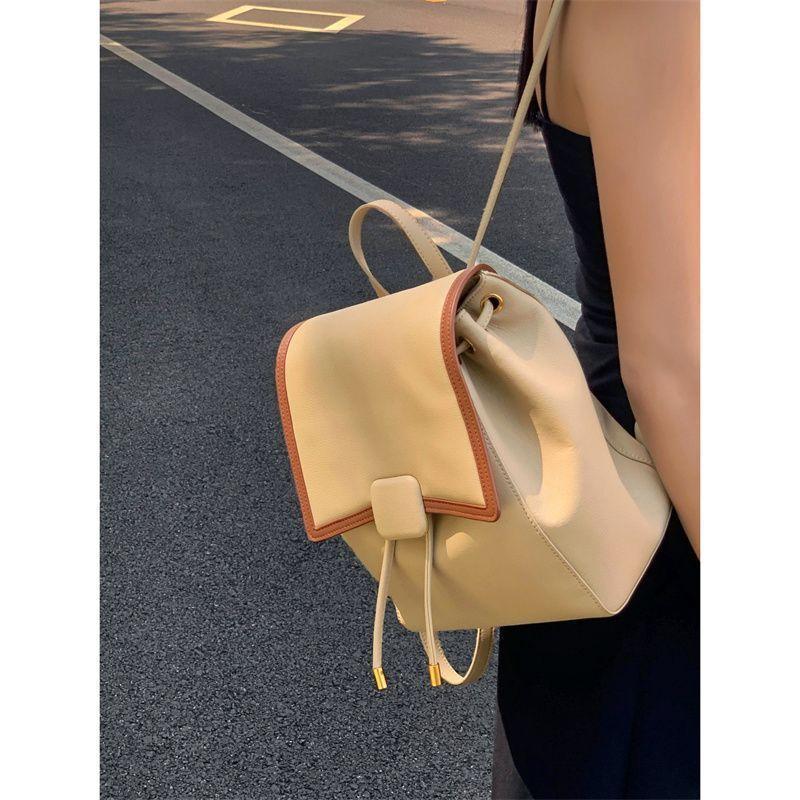 Autumn New Drawstring Fashion Backpacks for Women Casual Lady High-Capacity Double Shoulder Bags Simple Contrast Color Handbags